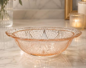 Vintage Depression Style Pink Glass Serving Bowl 10" | Floral Etched Pressed Glass Bowl       Elegant Centerpiece