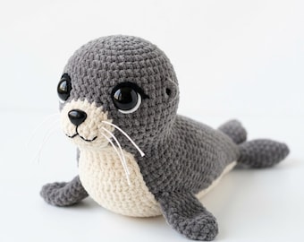 アザラシの編み図（縫わずに編めます）｜大きな目とヒゲのあみぐるみ（PDF）｜初心者向け、冷水ベビーシャワーギフト｜即時ダウンロード