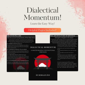 May include: A book cover titled "Dialectical Momentum!" with the tagline "Learn the Easy-Way!" The design is red and black, featuring a Japanese torii gate and mountain silhouette. Text includes "Helpful Pages Included!"