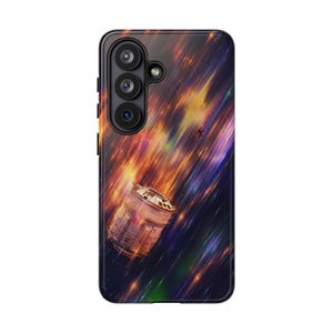 May include: A rectangular smartphone case featuring a vibrant space-themed graphic. The design depicts a metallic space capsule descending through a colorful, streaking nebula of orange, purple, and blue light against a dark cosmic background.