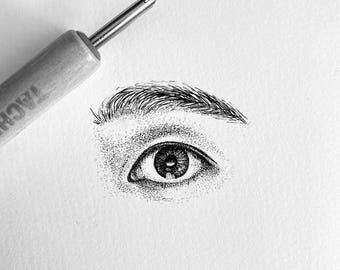 Custom Eye Portrait, Original Stippling Ink Art, Hand Drawn (3.5x3.5) (Original Artwork+Digital File)
