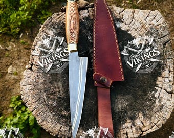 Cuchillo de chef de acero de Damasco de cobre forjado a mano con funda de cuero / Regalo para chef