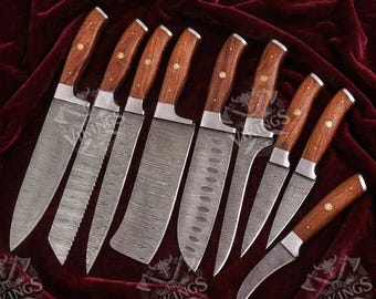 Set di coltelli da chef in acciaio di Damasco forgiato a mano / Set di posate professionali da cucina da 9 pezzi con fodero