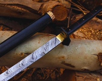 Katana de acero de Damasco forjada a mano / Espada samurái de espiga completa con vaina, regalo para padrinos de boda
