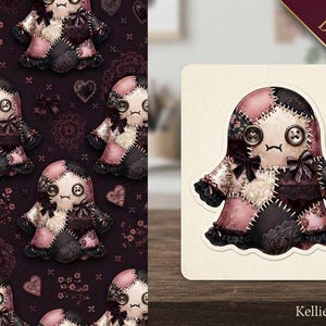 May include: A digital illustration of a ghost-shaped doll made of patchwork fabric in shades of pink, black, and cream. The doll features button eyes, visible white stitching, and small bows. The design is presented as a repeating pattern and a single sticker.