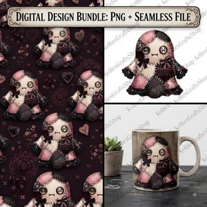 Patrón sin costuras Pastel Goth PNG, diseño de tela Patchwork Ghost, papel digital de 3600 px, imágenes prediseñadas lindas y espeluznantes de 5000 px, uso comercial