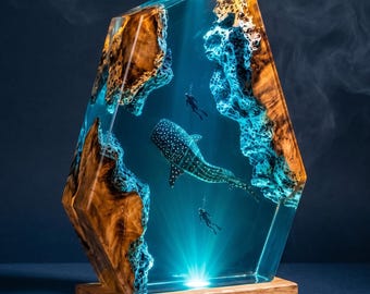 Verjaardagscadeau scuba-duiker epoxyhars nachtlampje, duiken gepersonaliseerd handgemaakt houten licht, unieke woondecoratiecadeaus, cadeau voor zoon