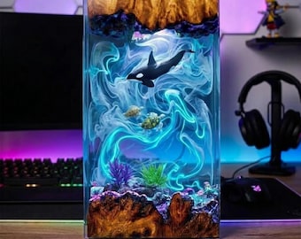 Handmade Resin Ocean Lamp, Octopus & Divers Diorama Night Light, custom night light, wood resin decor, gift for him, Christmas gift