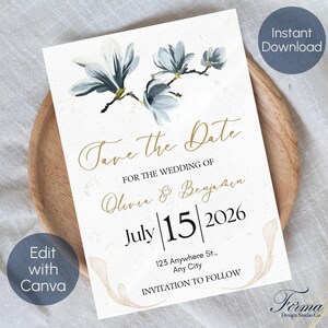 Floral magnolia Save the Date-sjabloon, elegant gouden schrift, canvas huwelijksuitnodiging (digitale download)