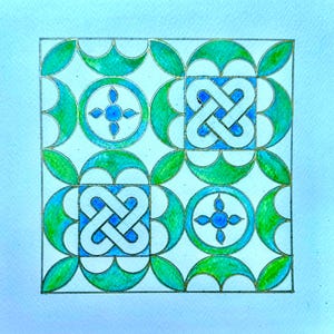 May include: A square, hand-drawn design featuring a repeating pattern of teal and green geometric shapes. The design includes interlocking knot-like figures and four-petal flower shapes, all outlined in gold on a white background.
