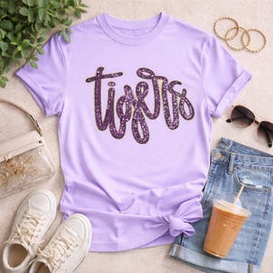 LSU Sequin Patch T-Shirt | Tigers Game Day Tee | Purple Gold LSU Shirt | Louisiana Boutique Tee | Sparkle Shirt Women