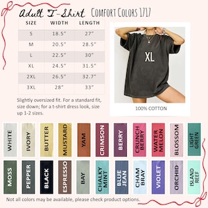 May include: Dark grey adult t-shirt with "XL" printed on the front. The shirt is 100% cotton and has a slightly oversized fit. The image also shows a size chart with measurements in inches and a color palette with various options.