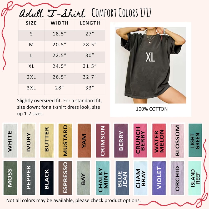 May include: Dark grey adult t-shirt with "XL" printed on the front. The shirt is 100% cotton and has a slightly oversized fit. The image also shows a size chart with measurements in inches and a color palette with various options.