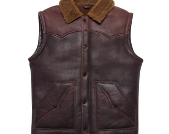 ns Two Tone Brown Shearling Vest - Sheepskin Leather Wool Lined Winter Jacket
