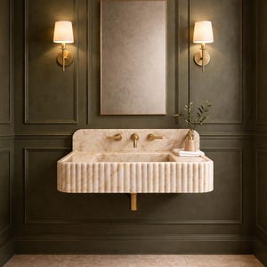 Calacatta goudmarmeren gootsteen, aan de muur gemonteerde gecanneleerde wastafel, op maat gemaakte backsplash-steen
