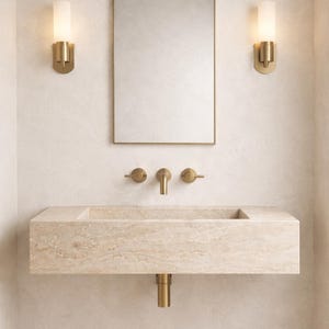 Op de afbeelding: Een moderne badkamerset met een rechthoekige stenen wastafel, messing armaturen en een rechthoekige spiegel. Twee wandlampen flankeren de spiegel en zorgen voor zachte verlichting. Het ontwerp is minimalistisch en elegant, met een neutraal kleurenpalet.