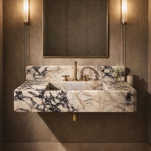 Könnte beinhalten: Ein luxuriöses Badezimmerwaschbecken aus weißem Marmor mit schwarzen Adern. Das Waschbecken hat eine goldfarbene Armatur und ist an der Wand befestigt. Über dem Waschbecken hängt ein Spiegel, und zwei Wandleuchten flankieren den Spiegel. Eine kleine Vase mit Blumen steht auf der Theke.