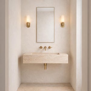 Aan de muur gemonteerde gootsteen van travertijn, beige natuurstenen wastafel, toilettafel, aangepast formaat afbeelding 1