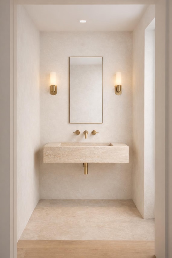 Travertine Wall Mounted Sink, Beige Natural Stone Washbasin, Powder Room Vanity, Custom Size