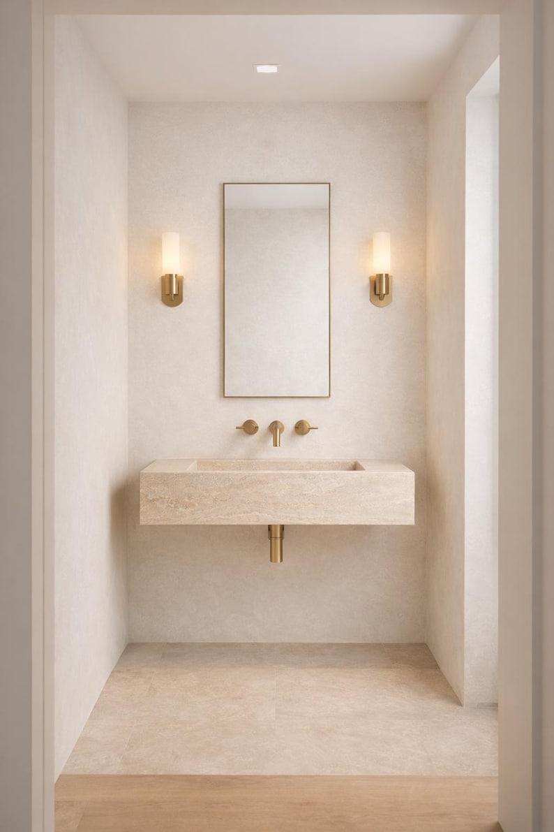 Aan de muur gemonteerde gootsteen van travertijn, beige natuurstenen wastafel, toilettafel, aangepast formaat afbeelding 1