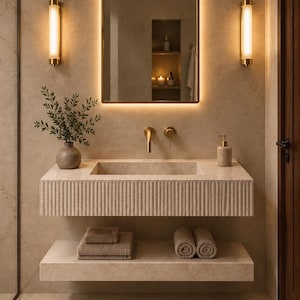 May include: A wall-mounted beige stone vanity with a fluted front, a rectangular basin, and a matching lower shelf. Features include a gold faucet, a backlit rectangular mirror, two vertical wall sconces, a vase with greenery, and folded towels.