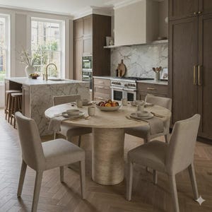 May include: A round stone dining table with a central cylindrical base, surrounded by four upholstered beige chairs. The table is set with white ceramic plates, bowls, and napkins, featuring a bowl of fruit in the center of the tabletop.