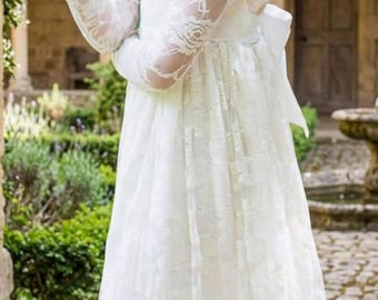 Ivory Lace Flower Girl Dress, Boho Rustic Long Sleeve Wedding Gown