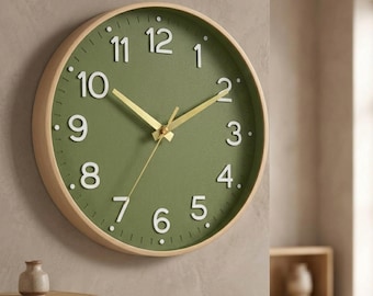 Modern Green Wall Clock: Silent Non Ticking, Gold Frame (8, 10, 12 Inch)