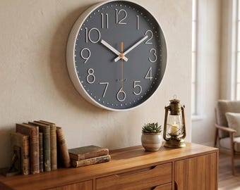 Modern Silent Wall Clock: 12 Inch Minimalist Gray Black Decor