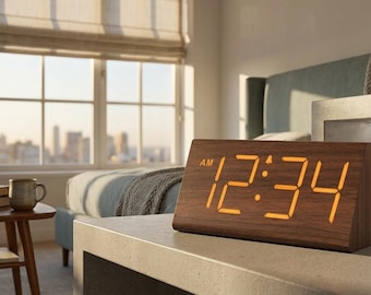 Wooden Digital Alarm Clock, Large LED Display, USB Charging, Snooze Function, Bedroom Decor