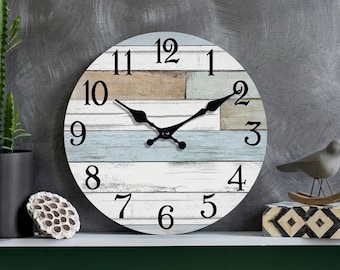 Rustic Coastal Wooden Wall Clock, Silent Non-Ticking Farmhouse Decor