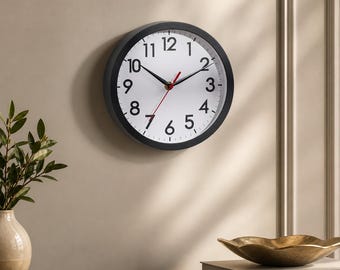 Modern Black Wall Clock, Silent Sweep Analog, Minimalist Home Decor (Battery Operated)