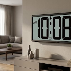 May include: A large digital wall clock displaying the time as 10:08 AM, with the day as SUN and the date as 12-25. The clock has a black frame and is mounted on a neutral-colored wall. The room features a sofa, coffee table, and decorative items.