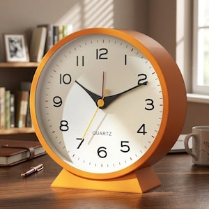 May include: A round, orange quartz clock with a white face and black numerals. The clock has black hands and a red second hand. The base is orange, and the clock is sitting on a wooden surface.