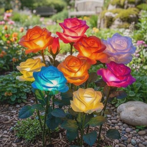 Könnte beinhalten: Eine Sammlung farbenfroher, beleuchteter Rosen-Gartenstecker. Die Rosen sind in verschiedenen Farben gehalten, darunter Rot, Orange, Gelb, Blau und Pink. Die Gartenstecker sind in einem Gartenbeet mit Mulch und Grün angeordnet.