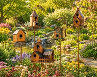Estaca metálica para casita de pájaros de jardín, decoración rústica para exteriores, arte de jardín estilo cottagecore, adorno para patio y jardín resistente a la intemperie.