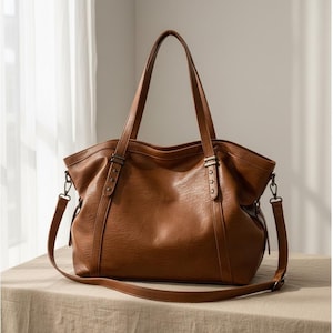 Puede incluir: Un bolso tote de cuero marrón con una correa para el hombro y dos asas. El bolso tiene un aspecto texturizado y herrajes metálicos. El bolso está sobre una superficie de color neutro.