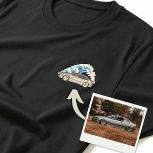 Op maat geborduurd auto-T-shirt met Japans golfdesign, T-shirt met autoportret, auto-cadeau