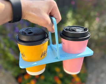 2カップ用ドリンクキャリア｜再利用可能なコーヒー＆タピオカカップホルダー｜軽量折りたたみ式キャディ｜3Dプリントギフト
