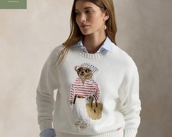 Authentisch Ralph Lauren Weißer Polo Bär Pullover | Kultiger Bären Design Pullover