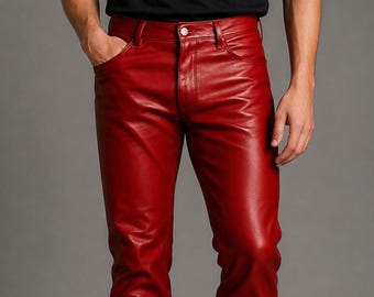 Pantalones de motociclista de piel de cordero roja para hombre, estilo ajustado.
