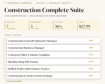 Construction Business Bundle | Contractor Estimating, Job Tracking (Excel, Google Sheets)