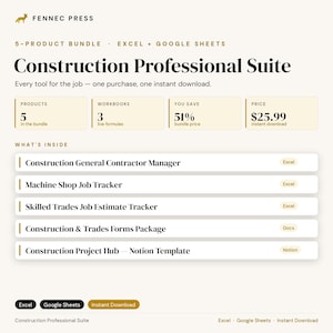 Construction Pro Bundle: Job Costing, Bid Estimates, Crew Tracking (Excel, Google Sheets)
