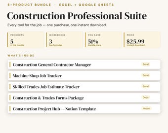 Construction Pro Bundle: Job Costing, Bid Estimates, Crew Tracking (Excel, Google Sheets)