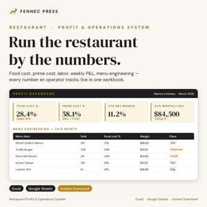 Restaurant Spreadsheet | Food Cost, Prime Cost, Labor %, Weekly P&L | Excel Google Sheets