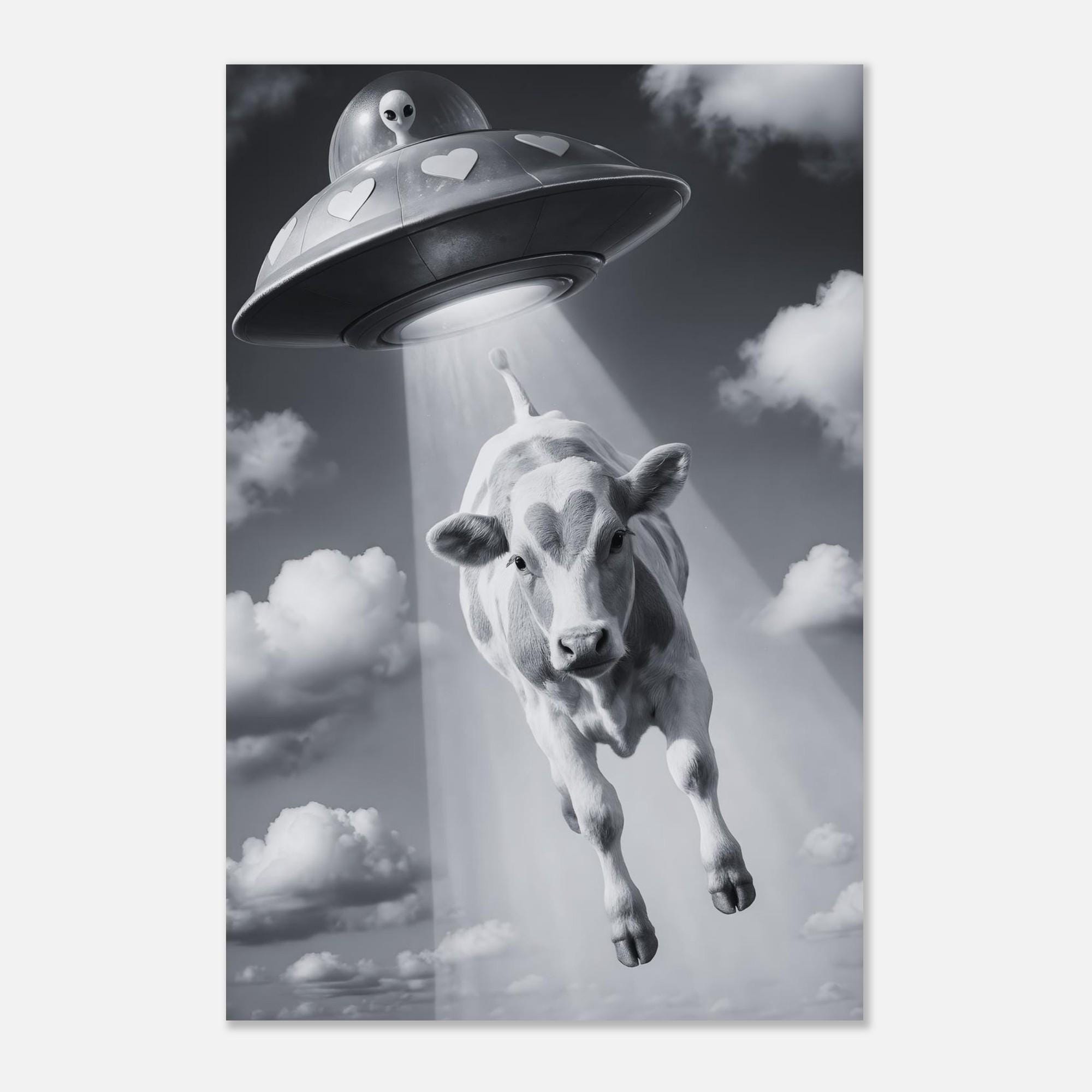 UFO Cow Abduction Poster | Alien Spaceship Hearts | Funny Farm Animal ...