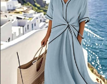 Cotton Linen Blend Maxi Dress, Summer Beach Dress, Casual V Neck DressVacation Outfit Women