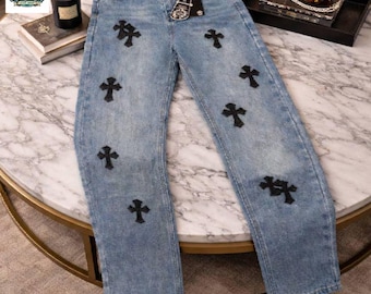 Gothic Cross Patch Jeans, Y2K Streetwear Denim, Grunge Authentic  Pants, Unisex Baggy Jeans