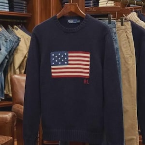 Authentic Polo Ralph Lauren US Flag Polo Sweater,  Knit Crewneck Americana Clothing