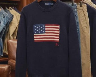 Autentica felpa polo Polo Ralph Lauren con bandiera americana, girocollo in maglia, abbigliamento stile americano